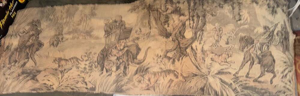 Vintage French Style Woven Wall Tapestry Hunting and Jungle Scene Panel